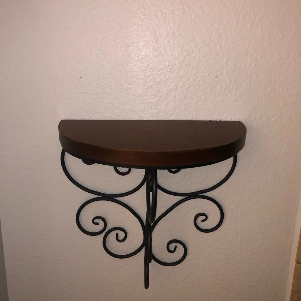 Decorative Wall Shelf with Black Scroll Bracket and Brown Wood Top
